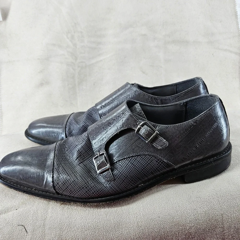 Stacy Adam Dress Shoes Mens 10.5 Gray Cow‎ Leather Double Monk Strap Cap Toe